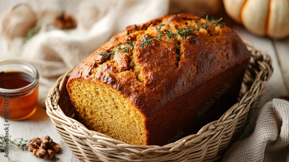 A loaf of pumpkin nut bread in a wicker basket, with a sprig of fresh thyme and a small pot of maple syrup A loaf of pumpkin nut bread in a wicker basket, with a sprig of fresh thyme and a small pot of maple syrup