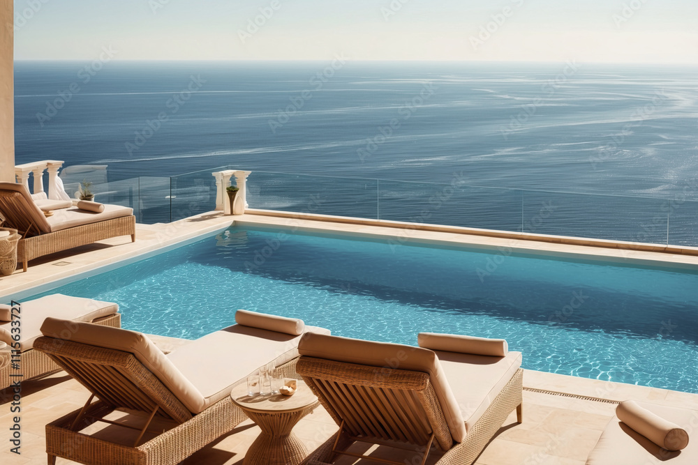 Fototapeta premium Terrace in villa with sunbeds and swimming pool . AI Generated