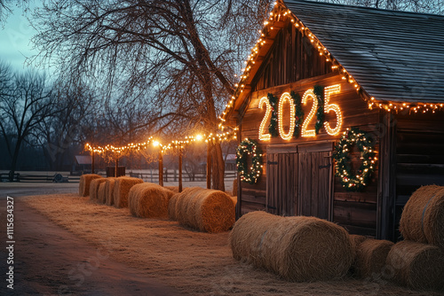 A cozy countryside scene with a rustic wooden barn decorated with string lights and wreaths. The numbers 2025 are formed from hay bales, and Happy New Year