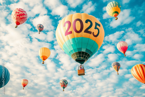 A serene sky filled with colorful hot air balloons floating among fluffy clouds. The numbers 2025 are painted on the largest balloon