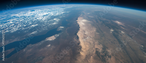 Widely blue planet earth with ocean, clouds and continents in open space.