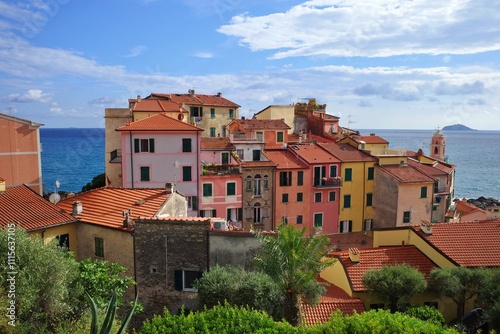 Colorful houses in front of the sea in italian Tellaro village