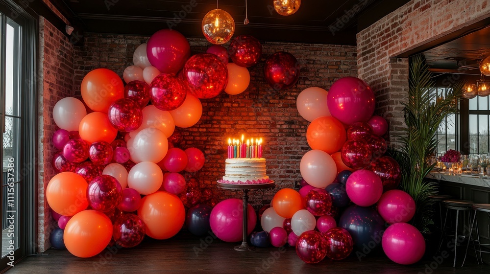Fototapeta premium Joyful birthday scene featuring a bright array of colorful balloons and a cake topped with lit candles perfect for party themes and celebratory designs