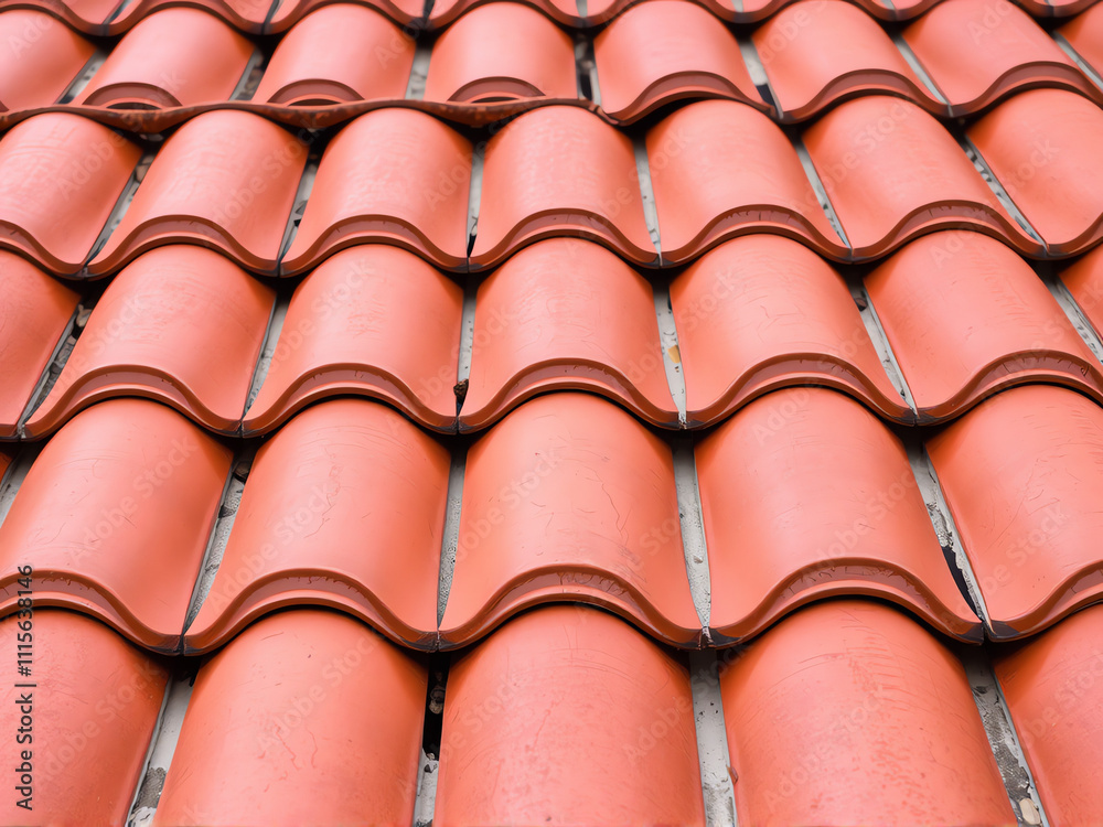 A close-up view of a red tile roof showcasing its texture and vibrant color against a clear sky. A close-up view of a red tile roof showcasing its texture and vibrant color against a clear sky.