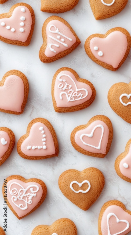 Obraz premium Heart-shaped cookies with pink icing create a sweet and romantic display, AI