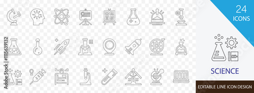 Science editable line icon set. containing  Technology, Research, Biology, Engineering, Data, Analysis, lab, microscope and more stroke design