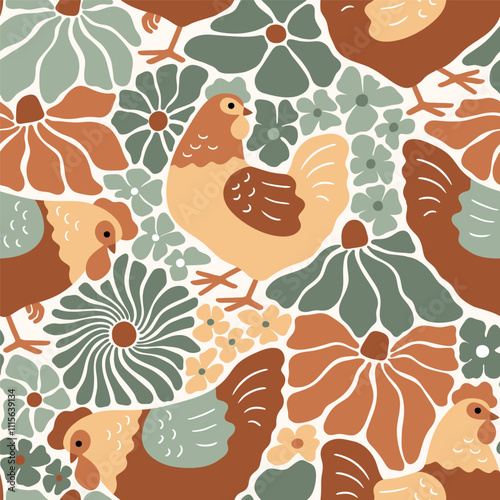 Seamless vector pattern with boho floral hen and summer flowers. Hand drawn groovy floral background. Perfect for textile, wallpaper or nursery print design. EPS10 vector file.