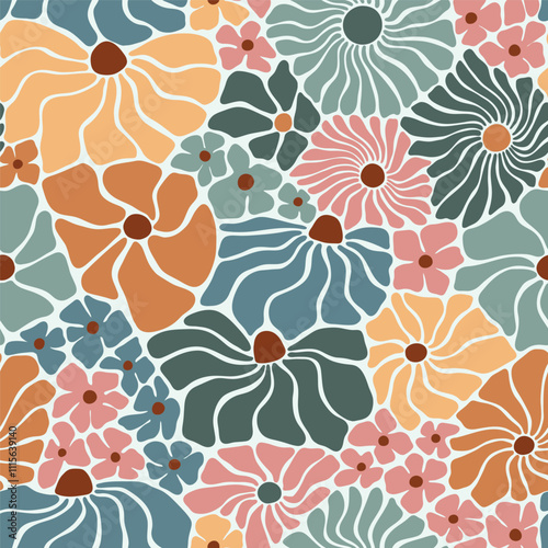 Seamless vector pattern with boho flowers. Hand drawn retro groovy floral background. Perfect for textile, wallpaper or nursery print design. EPS10 vector file.