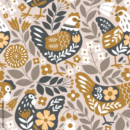 Seamless vector pattern with Scandinavian floral hen and summer flowers. Hand drawn floral background with chickens. Perfect for textile, wallpaper or nursery print design. EPS10 vector file.