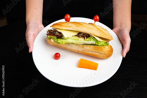 Hand holding sandwiches with salami ham cheese, vegetable, pork on dark background