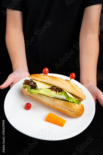 Hand holding sandwiches with salami ham cheese, vegetable, pork on dark background