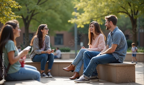 Relaxing on benches in courtyard