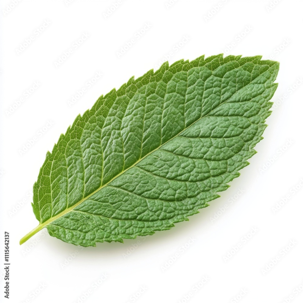 Obraz premium A single mint leaf isolated against a white background.