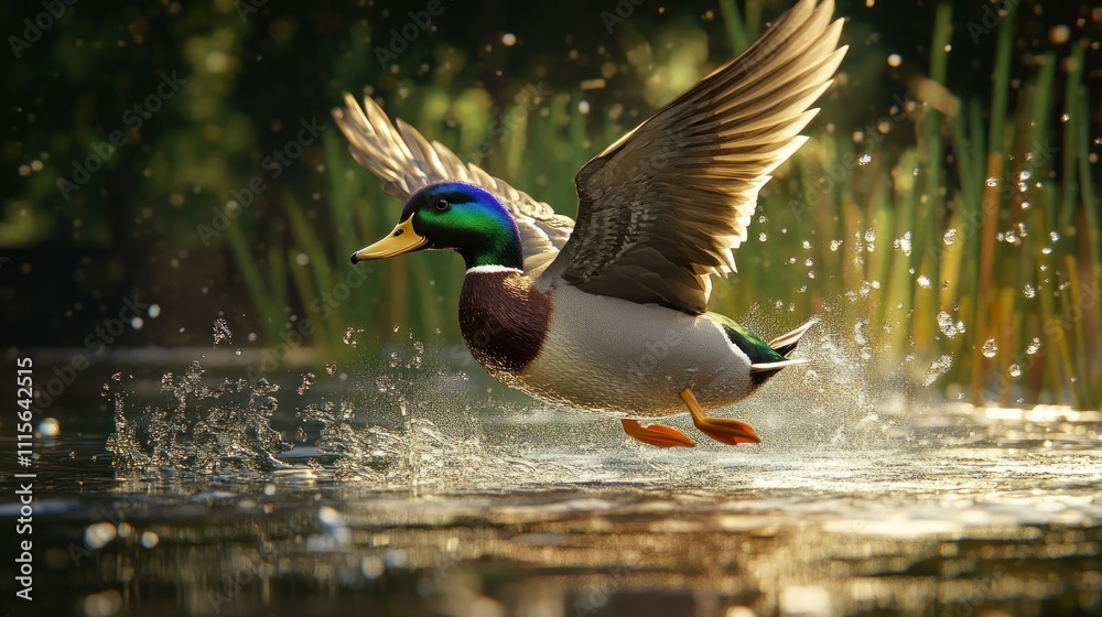 Obraz premium A mallard duck taking off from a pond