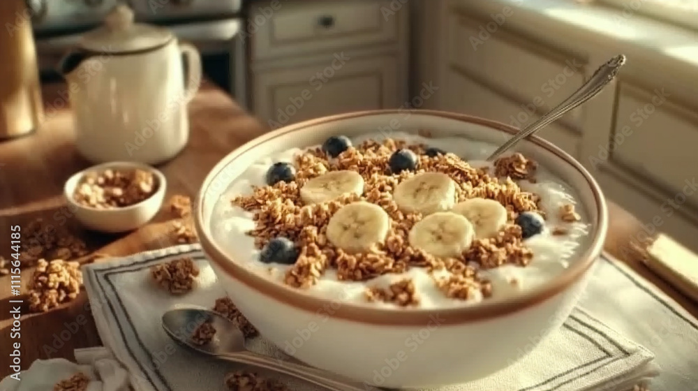 A bowl of creamy Greek yogurt topped with gra A bowl of creamy Greek yogurt topped with gra
