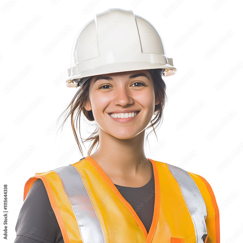 Smiling Young Female Construction Worker in Safety Gear with White Hard Hat and Orange Vest on Bright Background Smiling Young Female Construction Worker in Safety Gear with White Hard Hat and Orange Vest on Bright Background