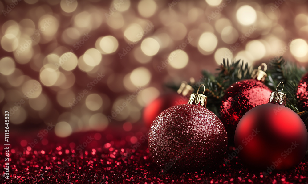 Obraz premium glamorous Christmas card featuring a cluster of shimmering red ornaments nestled among sparkling glitter and warm holiday lights.