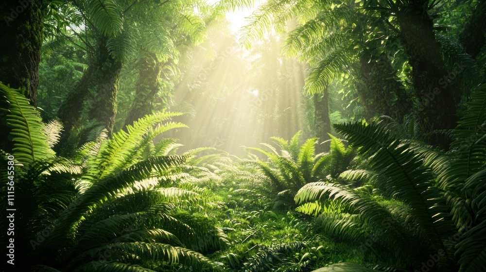 Fototapeta premium A lush, tropical rainforest floor covered with ferns and mosses