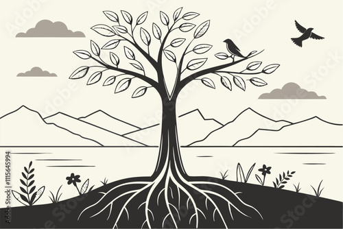 Illustrator Artwork of landscape and paysage nature and mountain and sky, clouds, lakes with nice view 