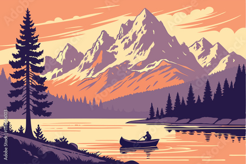 Illustrator Artwork of landscape and paysage nature and mountain and sky, clouds, lakes with nice view 