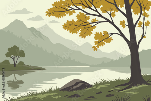 Illustrator Artwork of landscape and paysage nature and mountain and sky, clouds, lakes with nice view 