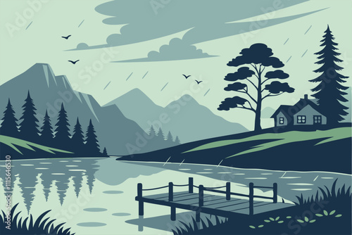 Illustrator Artwork of landscape and paysage nature and mountain and sky, clouds, lakes with nice view 