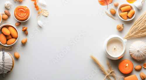 Top view of a Diwali-themed background with various Indian sweets and lamps photo