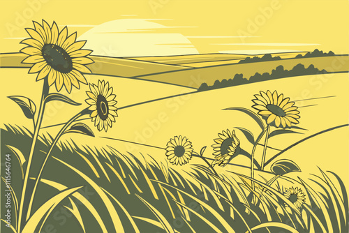 Illustrator Artwork of landscape and paysage nature and mountain and sky, clouds, lakes with nice view sunflowers
