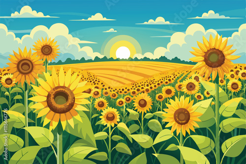 Illustrator Artwork of landscape and paysage nature and mountain and sky, clouds, lakes with nice view sunflowers