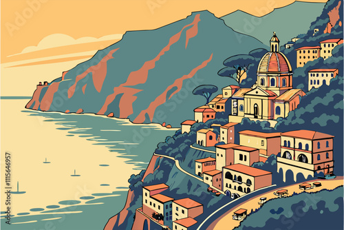 Illustrator Artwork of landscape and paysage nature and mountain and sky, clouds, lakes with nice view the-amalfi-coast-in-italy