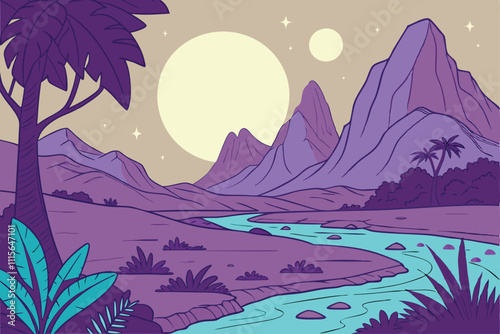 Illustrator Artwork of landscape and paysage nature and mountain and sky, clouds, lakes with nice view 
