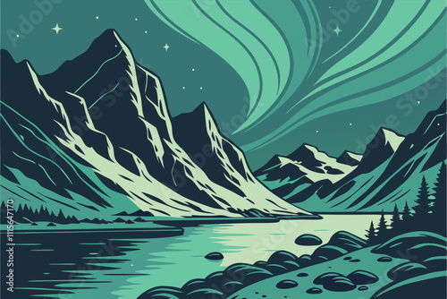 Illustrator Artwork of landscape and paysage nature and mountain and sky, clouds, lakes with nice view breathtaking