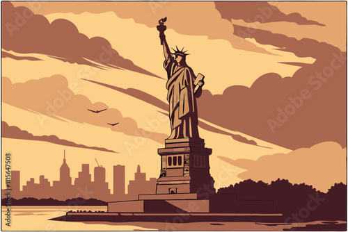 Illustrator Artwork of landscape and paysage nature and mountain and sky, clouds, lakes with nice view statue-of-liberty-in-new-york