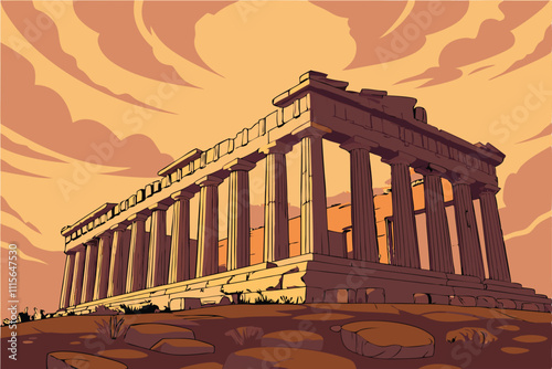 Illustrator Artwork of landscape and paysage nature and mountain and sky, clouds, lakes with nice view acropolis--athens--greece