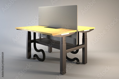 A height adjustable desk has a light wood top and black frame. photo