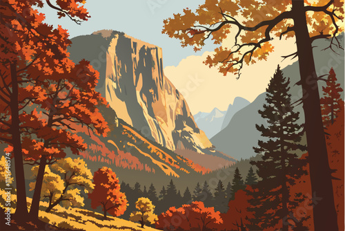 Illustrator Artwork of landscape and paysage nature and mountain and sky, clouds, lakes with nice view yosemite-valley