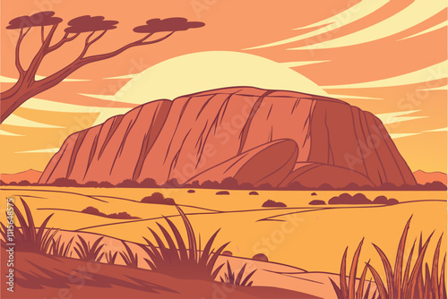 Illustrator Artwork of landscape and paysage nature and mountain and sky, clouds, lakes with nice view sun desert sahara usa