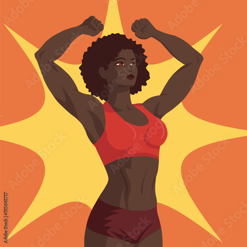 Vector poster with African woman bodybuilder in retro poster style. Strong muscular Black woman. Female power. Postcard with a sporty woman