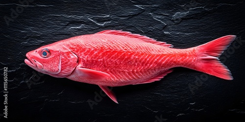 A fresh red fish displayed on a dark slate surface, emphasizing its vibrant color and texture.