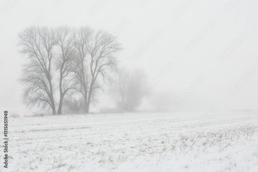 Obraz premium A serene winter landscape with bare trees in a foggy, snowy setting.