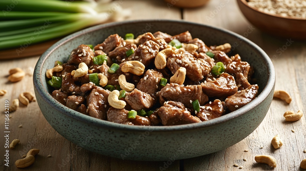 Fototapeta premium Rustic setup featuring cashew pork stir fry in a ceramic dish, surrounded by scattered cashews, green onions, and sesame seeds