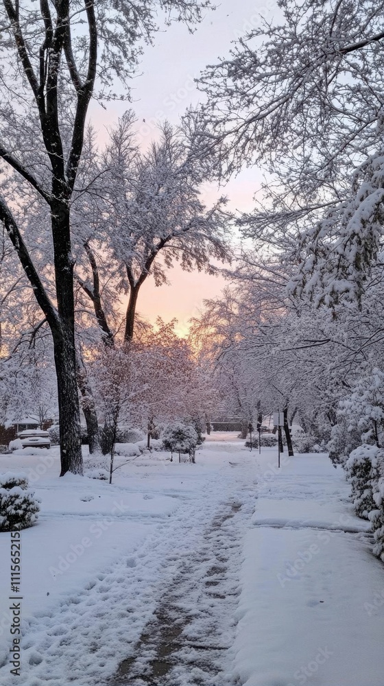 Fototapeta premium A serene winter landscape with snow-covered trees at sunset.