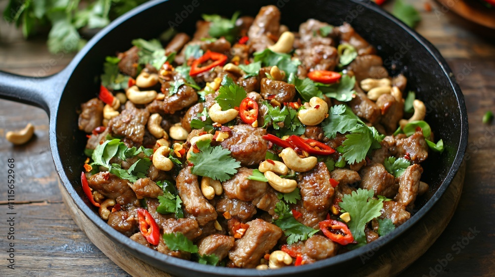 Savory cashew pork stir fry served in a rustic cast iron skillet, garnished with fresh cilantro and red chili flakes, styled on a wooden table Savory cashew pork stir fry served in a rustic cast iron skillet, garnished with fresh cilantro and red chili flakes, styled on a wooden table