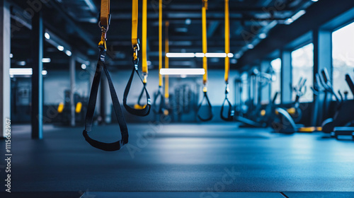 TRX suspension training area in gym with straps and core stability exercises.