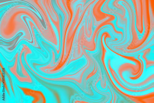 Abstract background of teal and orange color from twirling waves. Background for design. Marble ink colorful. Can be used for background or wallpaper. Good for design or logo background or backdrop.