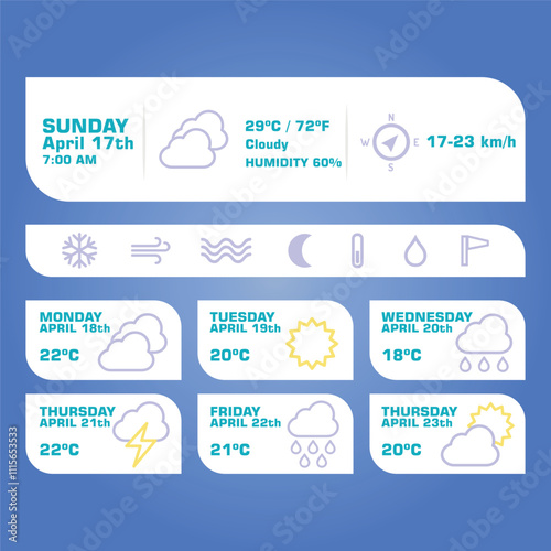 vector art design of weather forecast, application of science and technology to predict the conditions of the atmosphere based location and time, sunny, rainy, winter, summer, humidity, temperature