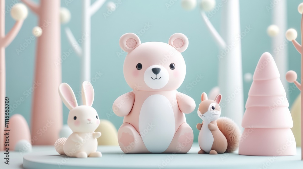 3D render of a cute bear, rabbit, and squirrel in a forest on a white background