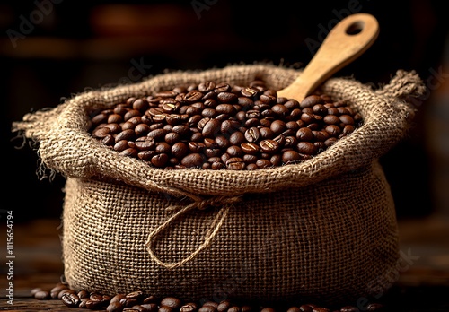 Roasted Coffee Beans In A Burlap Sack photo