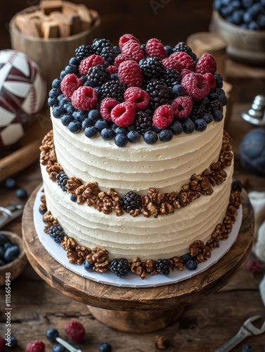 Wallpaper Mural Rustic Two-Tier Cake with Berries and Walnuts on Wooden Table Torontodigital.ca