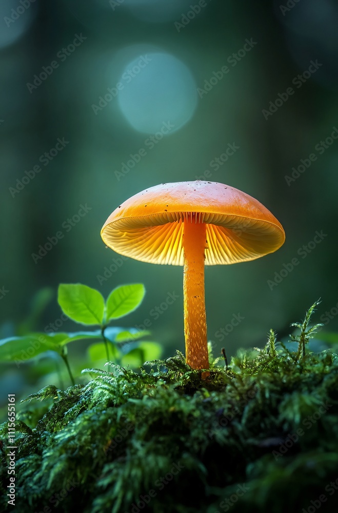 Fototapeta premium Mushrooms growing naturally in the forest, nestled among lush green foliage and scattered fallen leaves. This peaceful woodland scene captures the beauty of nature’s hidden treasures, with mushrooms t
